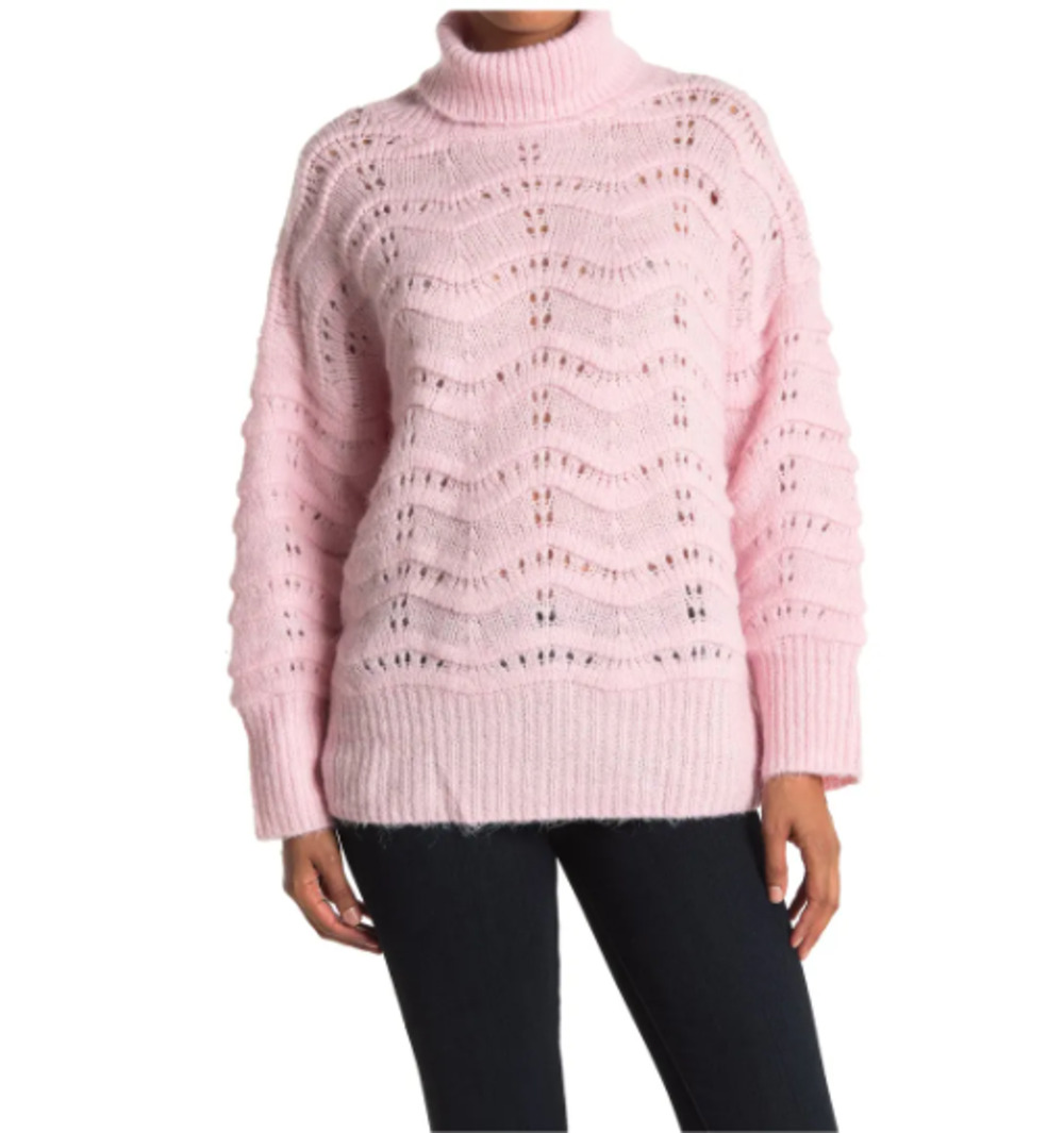 FRNCH Cable Knit Turtleneck Sweater Pink Small/Medium Pointelle Oversized NWOT